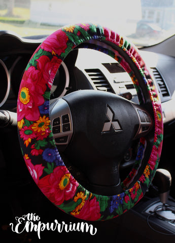 Steering Wheel Cover - Floral on Black