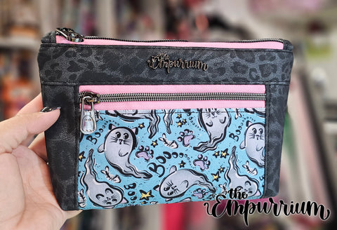 RTS - Devon Pouch - Ghost Kitties with Leopard Print