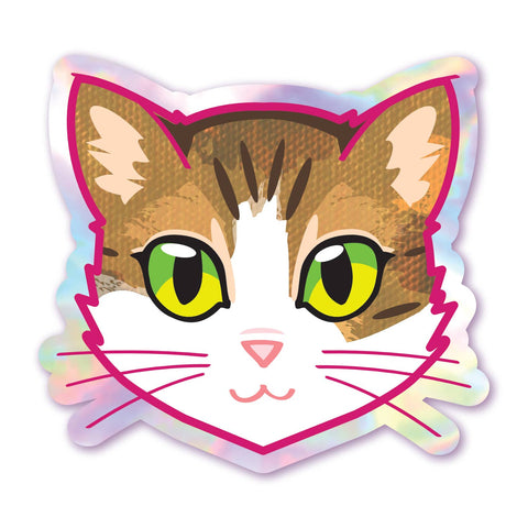 Brown & White Tabby - Green Eyes - Holographic Cat Sticker