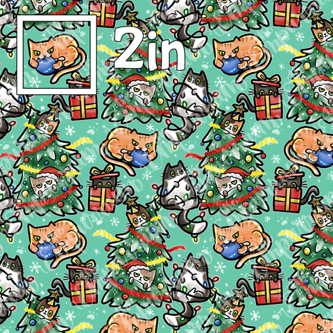 Christmas Kitties Green - Smooth Vinyl Roll